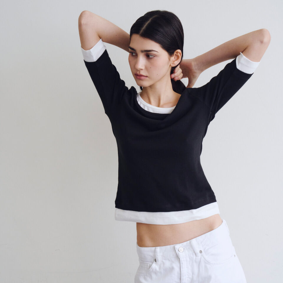 WAVE UNION Layered half sleeve top Black