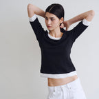 WAVE UNION Layered half sleeve top Black
