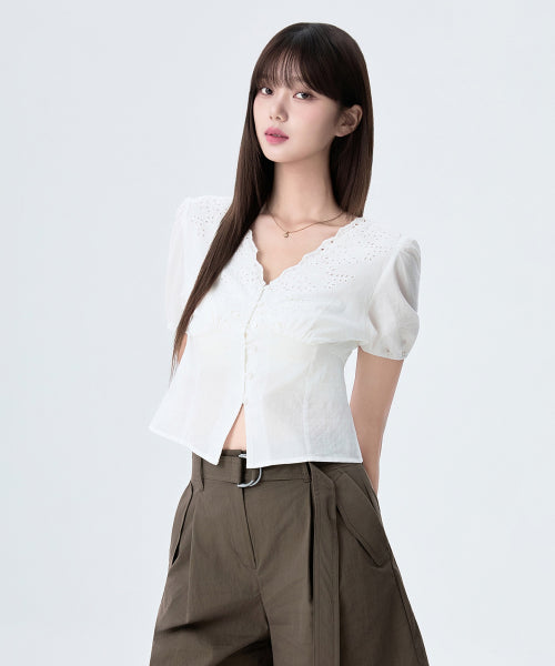 MIXXO MIXXO V-neck Eyelet Blouse