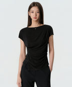 MUSINSA STANDARD WOMAN MUSINSA STANDARD WOMAN Drape Boat Neck T-Shirt [Black]