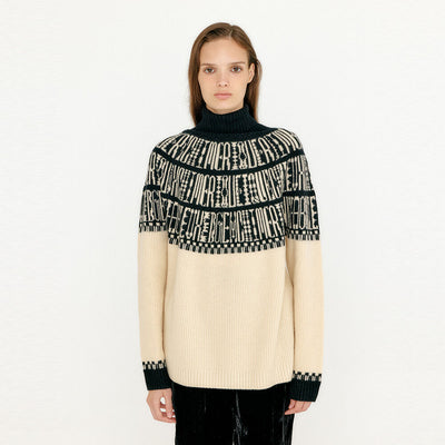EENK VIBBLE Paneled Lettering Jacquard Pullover - Beige/Black