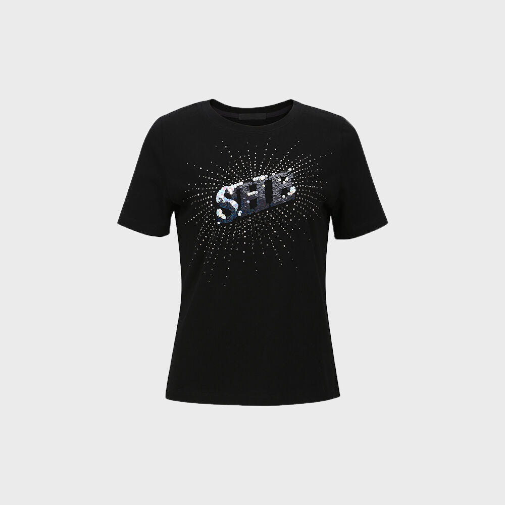 YCH SEQUINNED SHE-PRINT T-SHIRT BLACK (W23TO912BK)