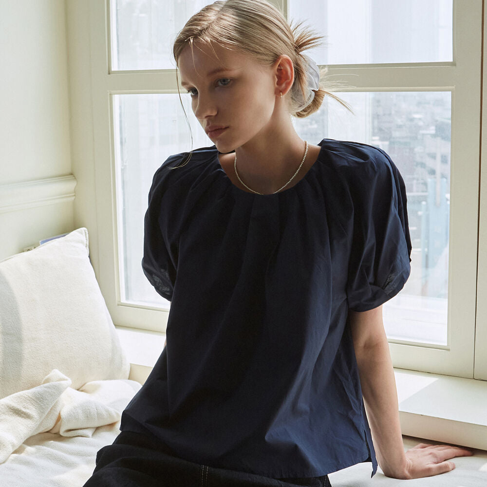 YAN 13 for women PUFF SHOULDER HALF BLOUSE_NAVY