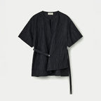 UMARMUNG Japanese Crinkled Linen Slit Neck Blouse_Raven
