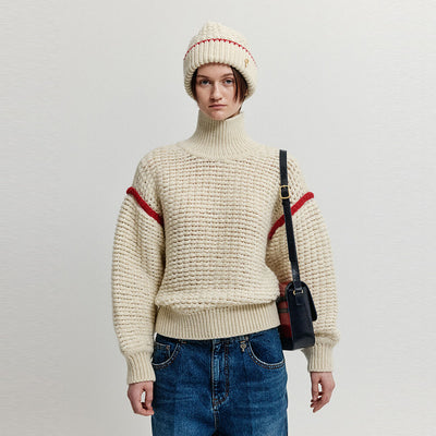 EENK XUEST Oversized Knit Turtleneck - Cream/Red
