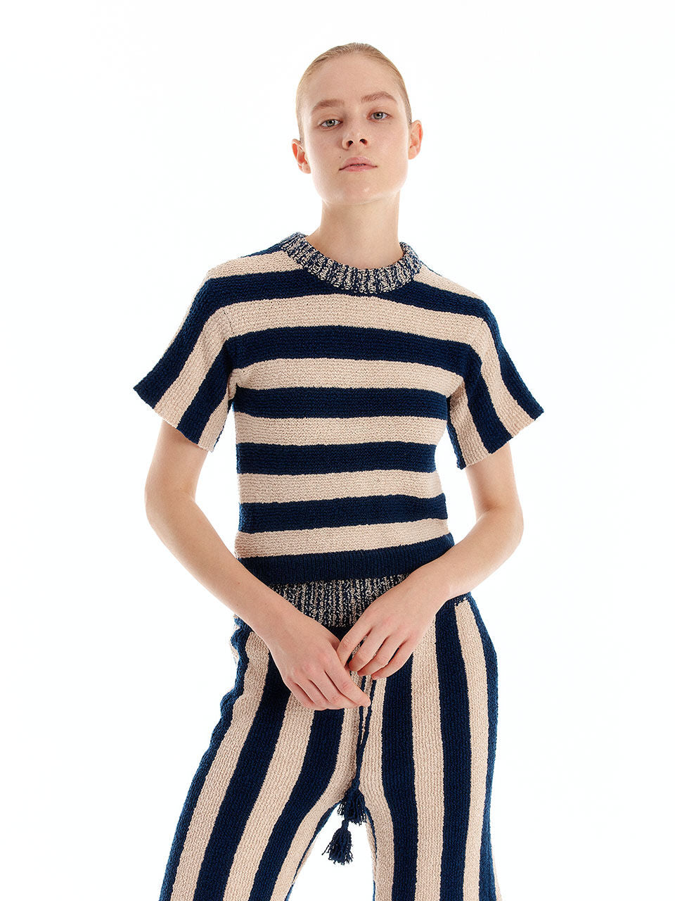 EENK EENK ULLYD Half Sleeve Knit Top - NavyBeige Stripe