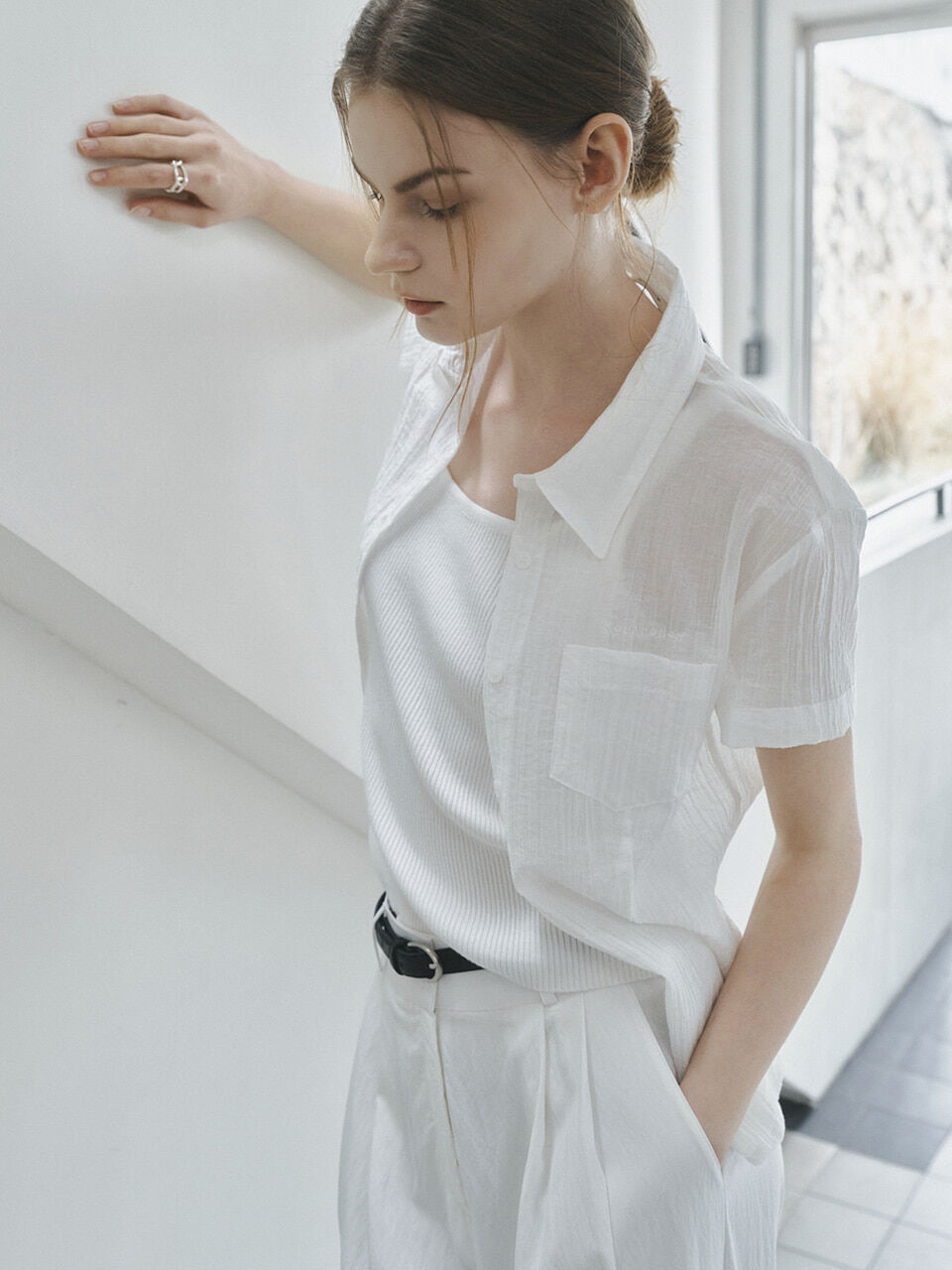 NONANDNON See-through short-sleeved shirt_NHSH6453