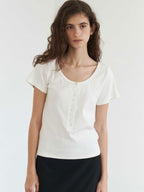 THE RYE U-Neck Button T-Shirt(White)
