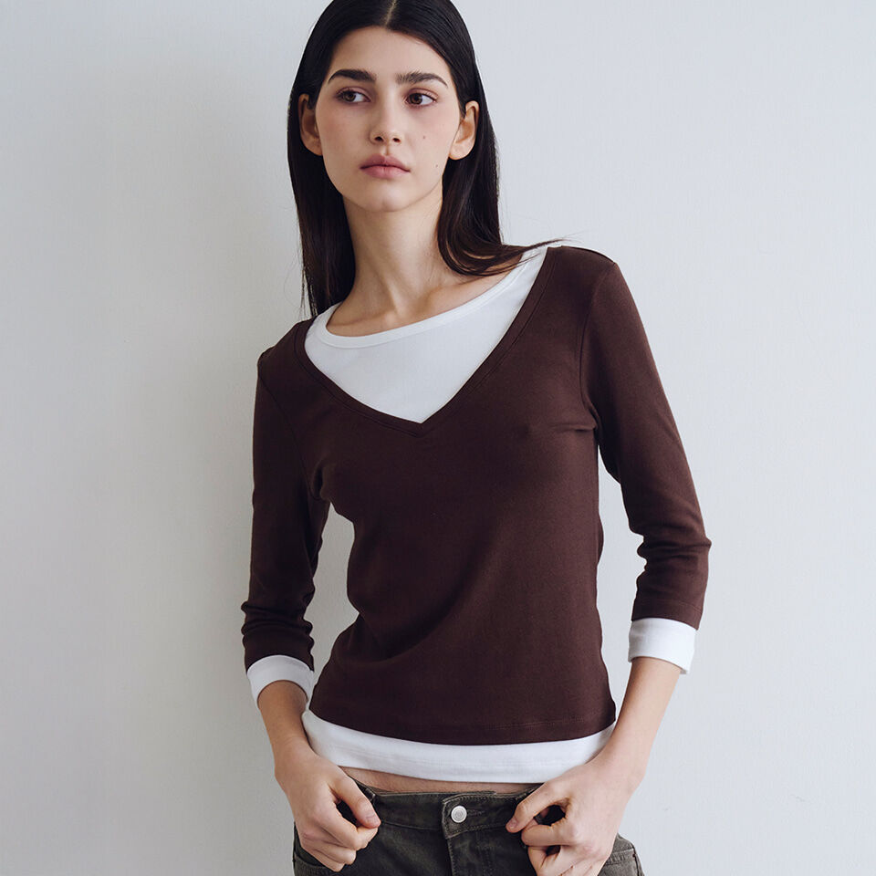WAVE UNION Layered V-neck Three-quarter sleeve top Brown