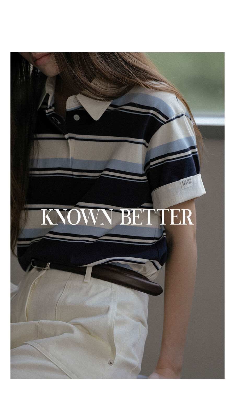 KNOWN BETTER Bold stripe roll-up label half collar T-shirt_Blue