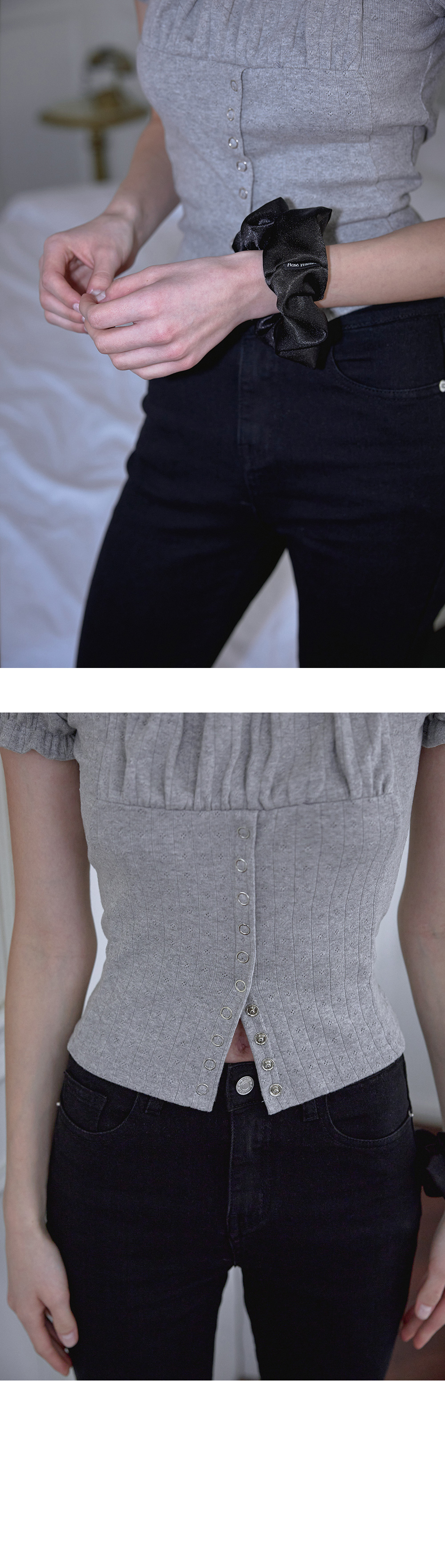 RoséFrantz Puff Shirring Ribbon T-shirt [Gray]