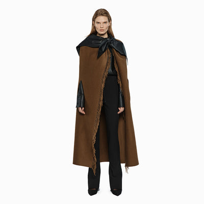 FRINGED WOOL-BLENDED CAPE BROWN (W24OT0041BR)