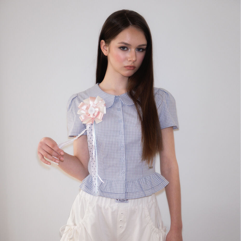 RoséFrantz Puff Sleeve Peplum Check Blouse [Sky Blue]