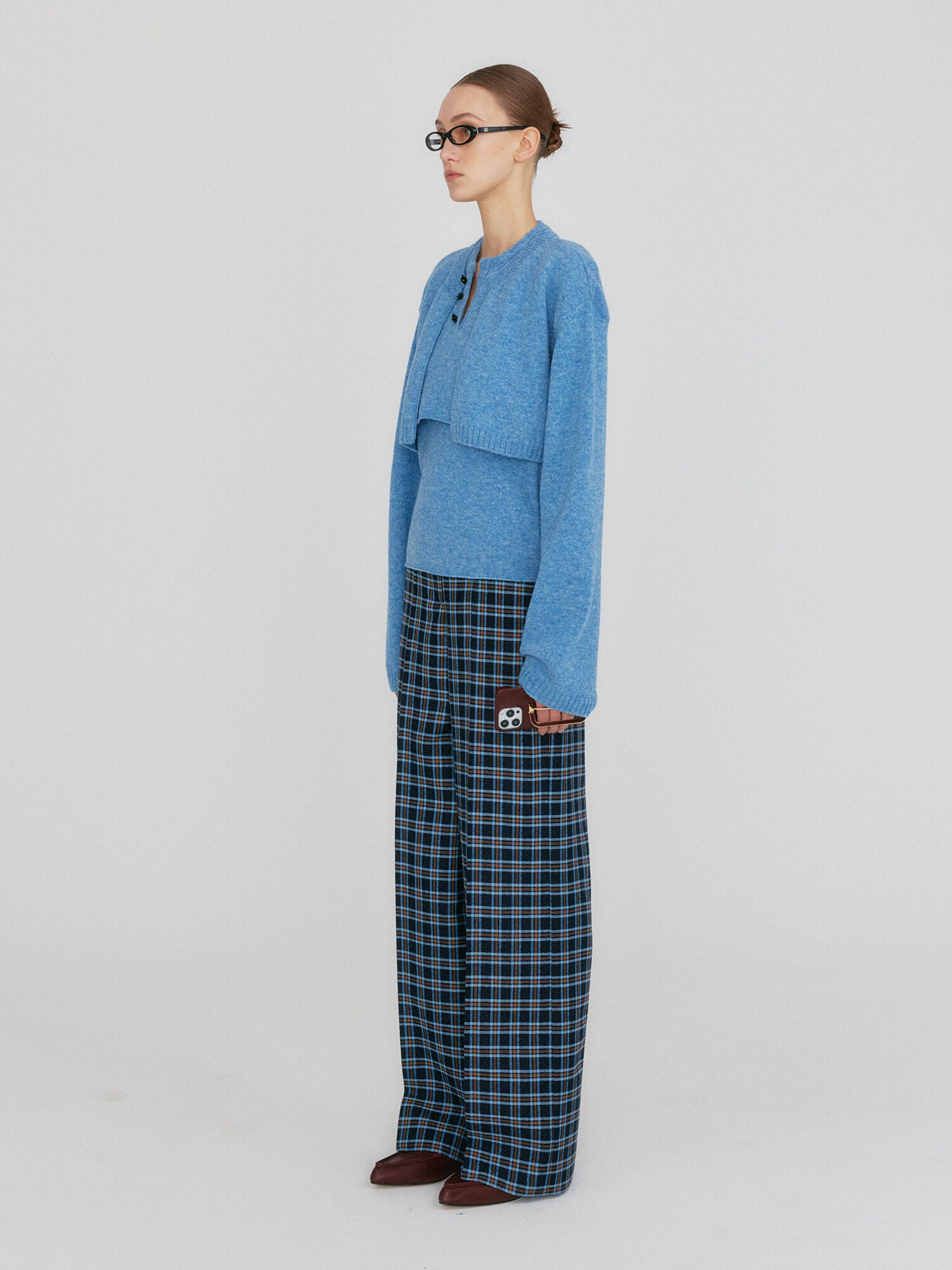 EENK ZILVINE Relaxed Plaid Pants - Navy/Sky Blue Multi