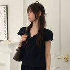 KIIMUIR (Women) Button cap sleeve short sleeve blouse_Black