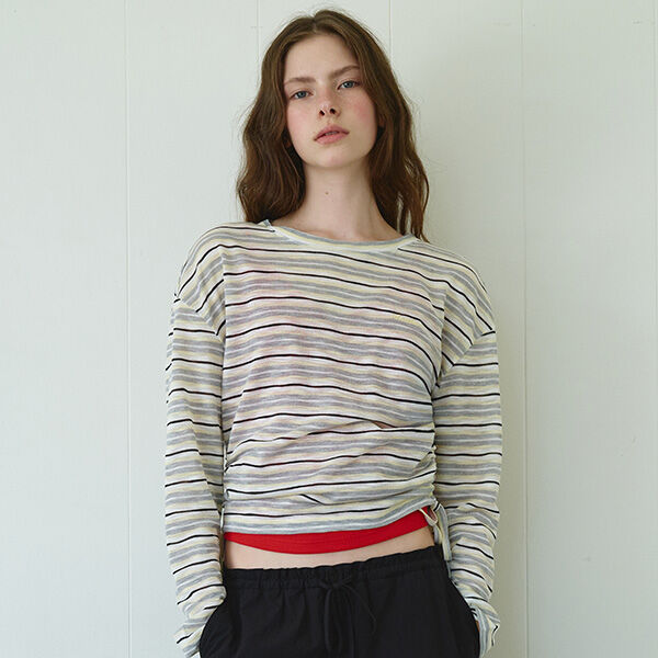 rolarola SHEER LONG SLEEVE STRIPE TOP GRAY
