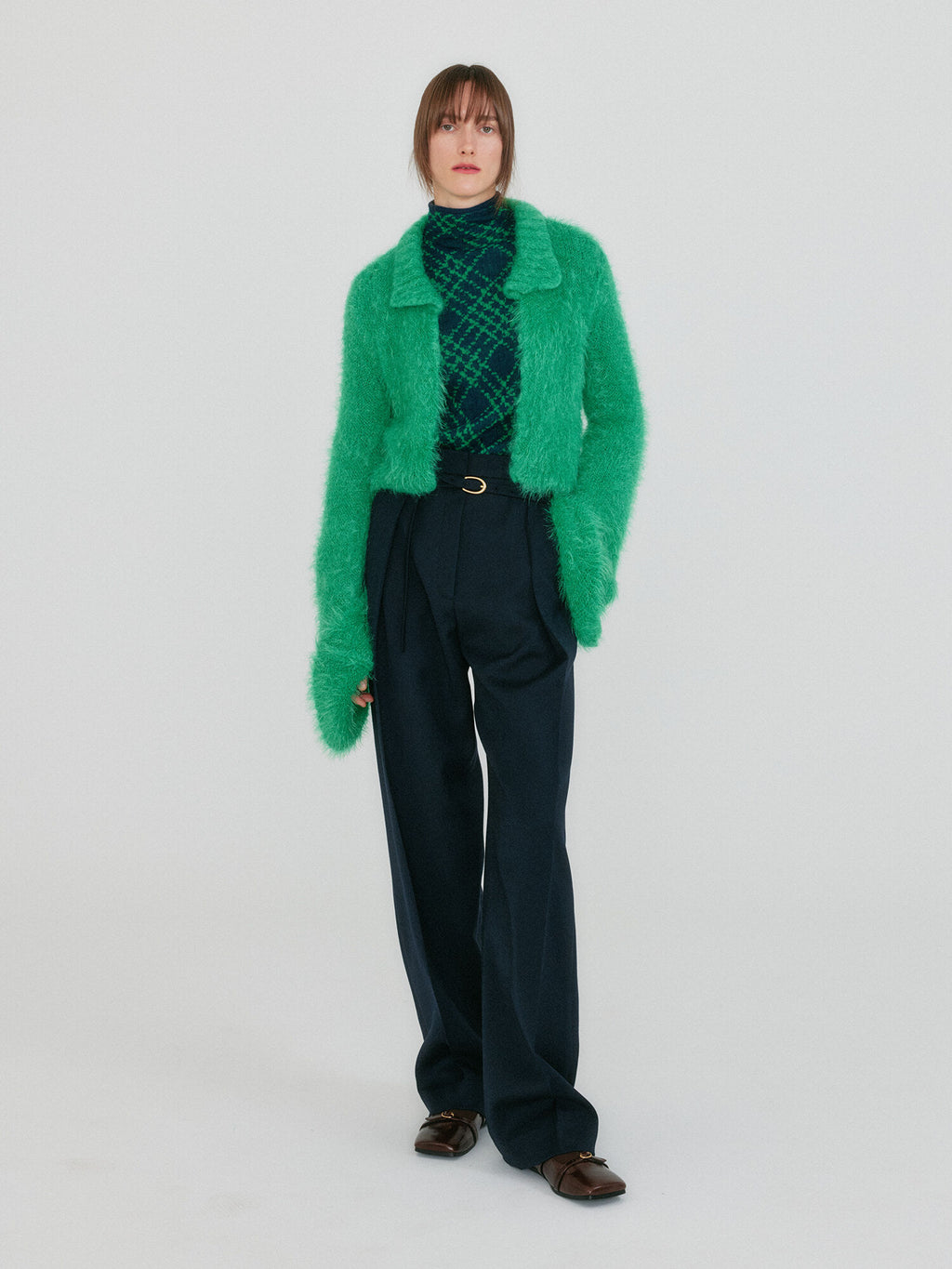 EENK ZIGGY Textured Collar Knit Cardigan - Green