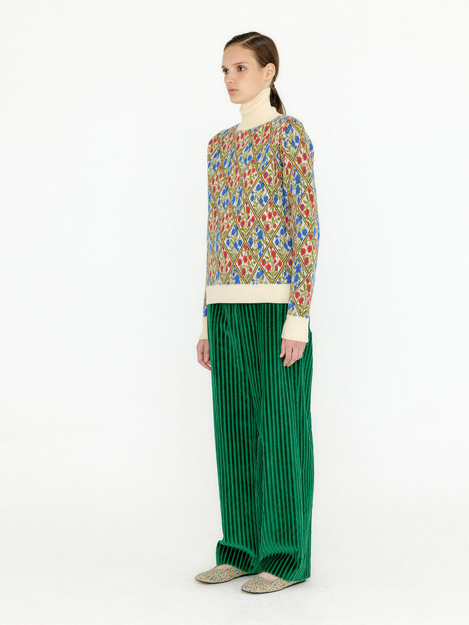 EENK EENK VINKY Floral Pattern Knit Turtleneck - Ivory/Blue/Red Multi