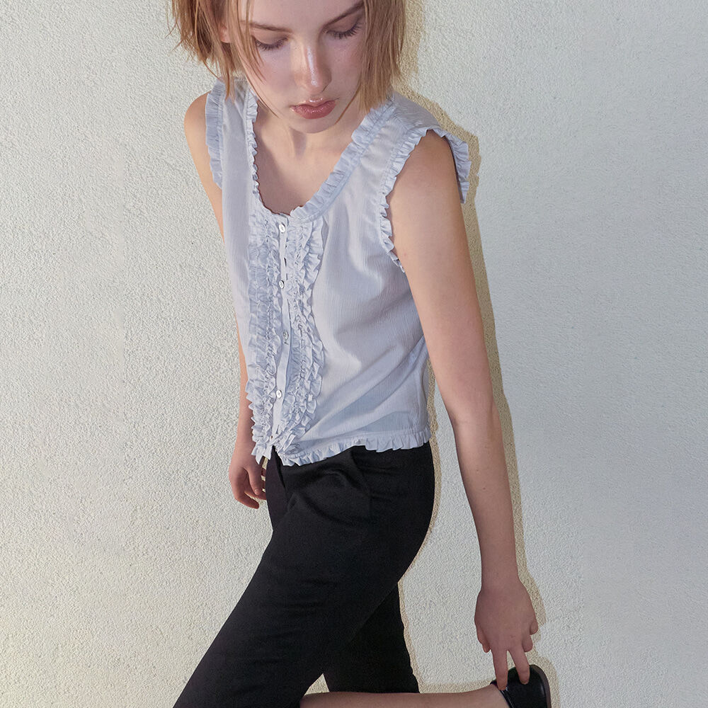 ETMON Double Frill Sleeveless Blouse, Blue Grey