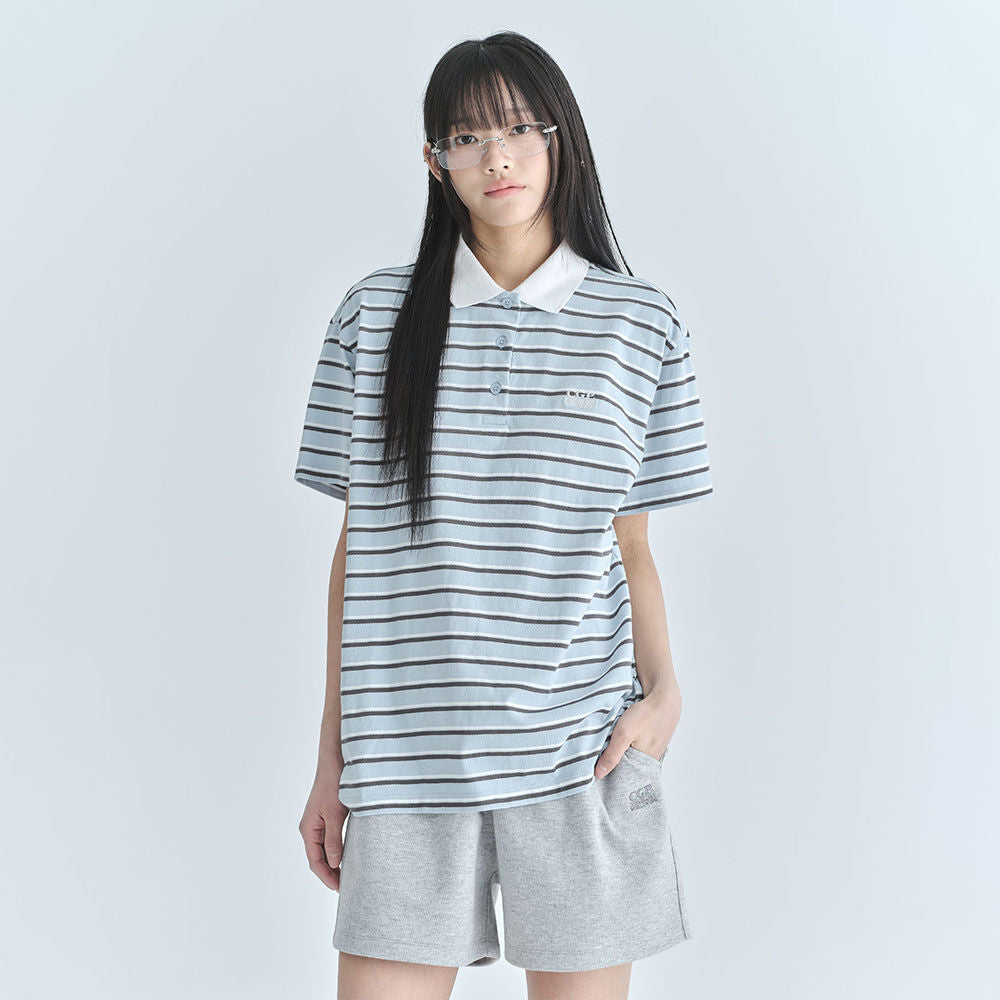CGP (Women) Overfit Striped Short Sleeve Collar T-Shirt - Sky Blue