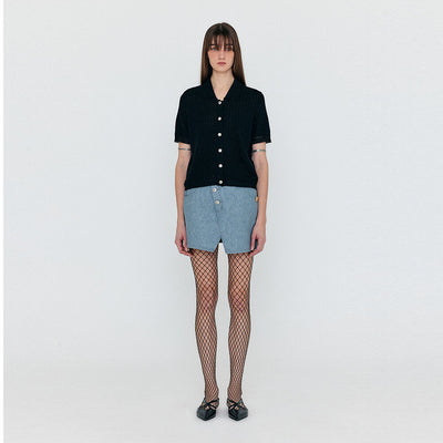 WENETA Asymmetric Front Denim Mini Skirt - Grey Blue