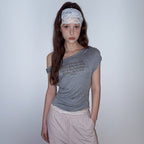rolarola LETTERING DRAPE OFF SHOULDER T-SHIRT GRAY