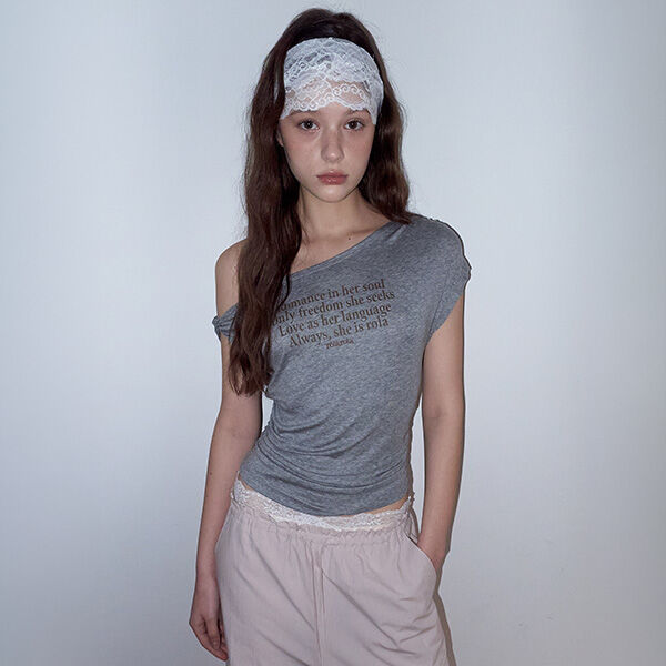 rolarola LETTERING DRAPE OFF SHOULDER T-SHIRT GRAY