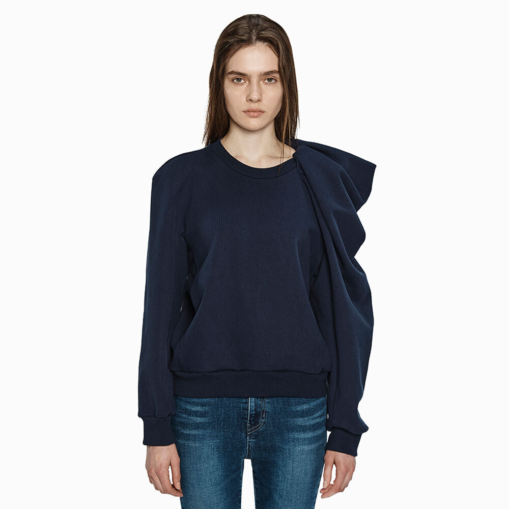 YCH UNBALNCE RUFFLE SLEEVE TOP NAVY (W24TS11061NV)
