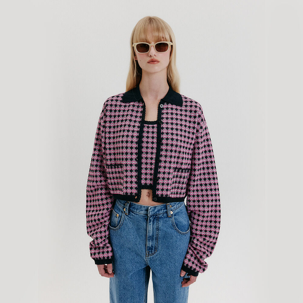 EENK Check Knit Cardigan - Navy/Pink