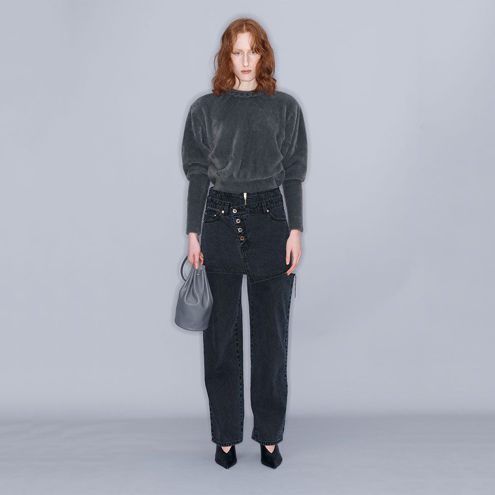 YCH DOUBLE LAYERED CUT-OUT JEANS BLACK (W23DB704BK)
