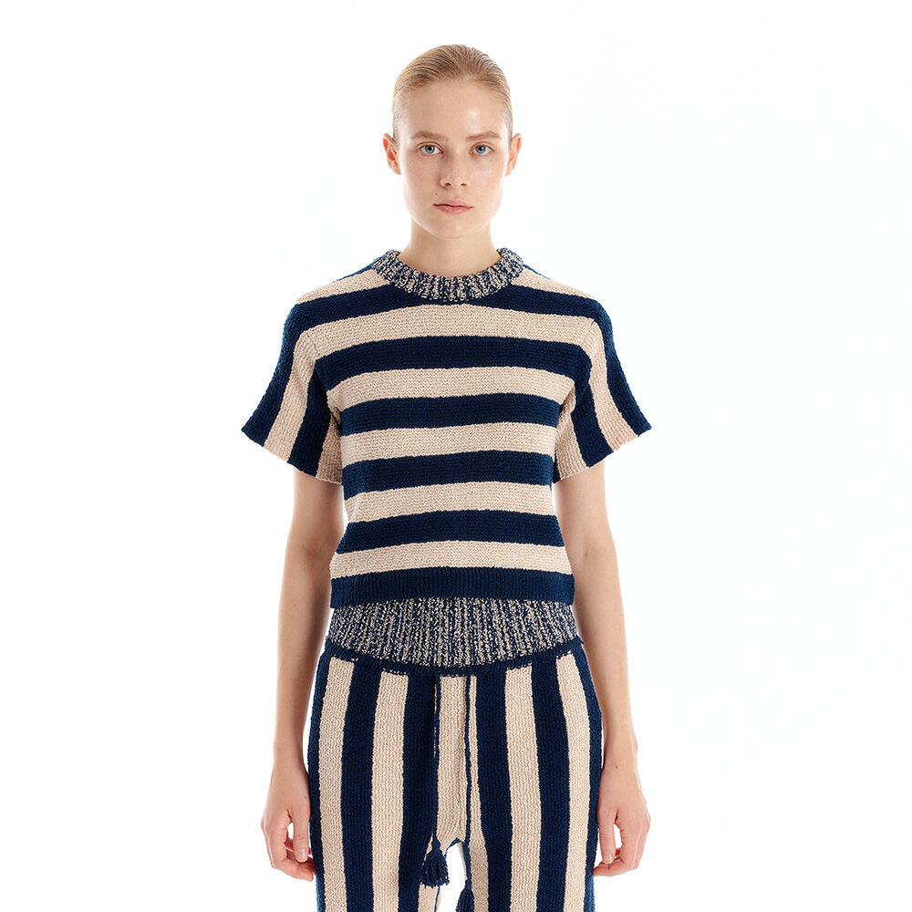 EENK EENK ULLYD Half Sleeve Knit Top - NavyBeige Stripe