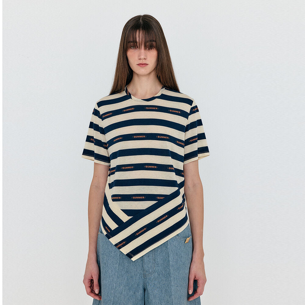 EENK WAVE Asymmetric Paneled T-Shirt - Navy/Beige Stripe