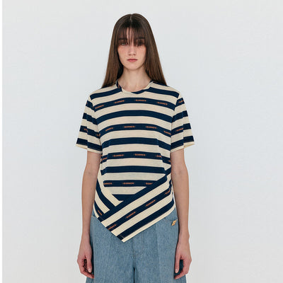WAVE Asymmetric Paneled T-Shirt - Navy/Beige Stripe