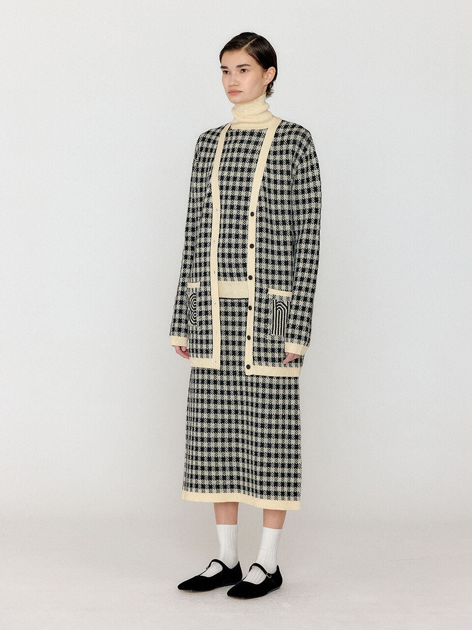 EENK EENK VINKLING Gingham Check Knit Midi Cardigan - Black/Ivory