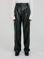 EENK ZETTE Belted Tuck Leather Pants - Z-Black