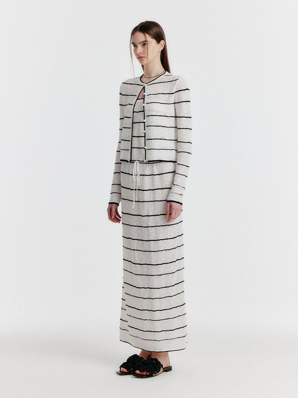 EENK YOZO Jacquard Stripe Knit Cardigan - Ivory/Black
