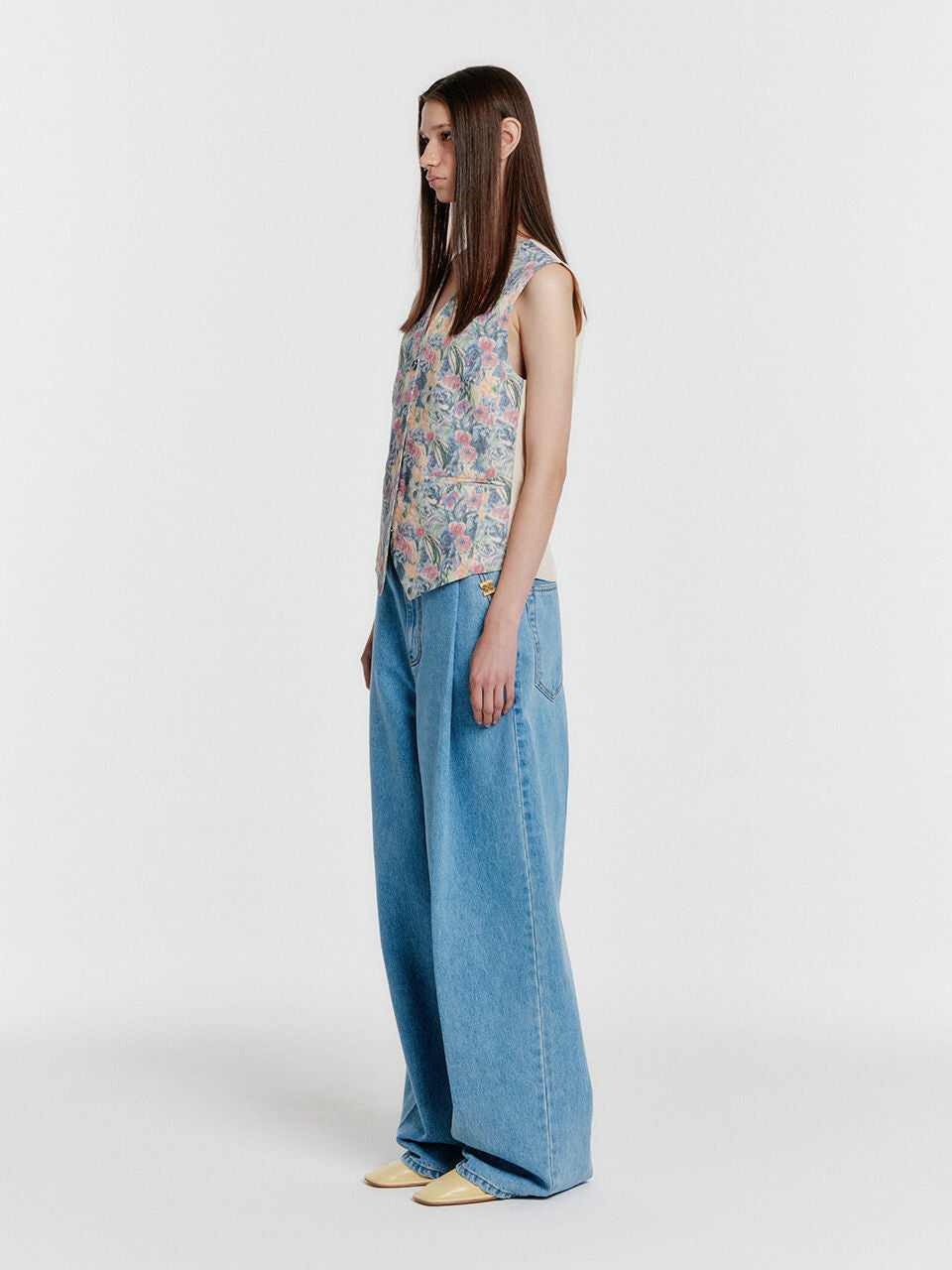 EENK YJEAN Folded Front Wide Denim Pants - Blue