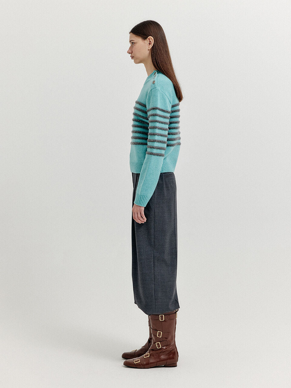 EENK EENK XTRIPE Stripe 4 Buttons Knit Top - Blue Grey