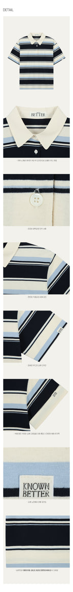 KNOWN BETTER Bold stripe roll-up label half collar T-shirt_Blue