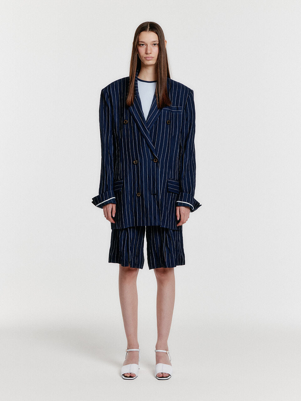 EENK YO Double-Breasted Jacket - Navy Stripe