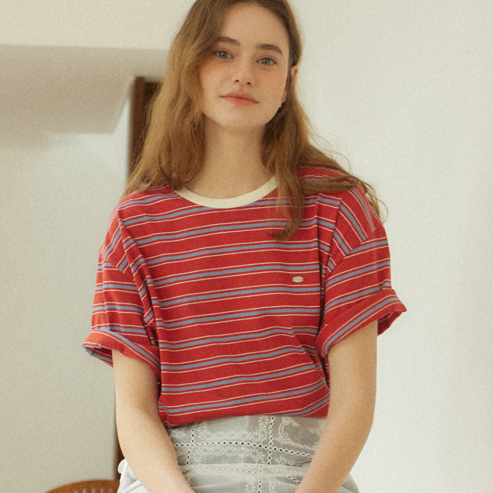 OUR HOPE Over-fit Logo Stripe T-shirt - Red