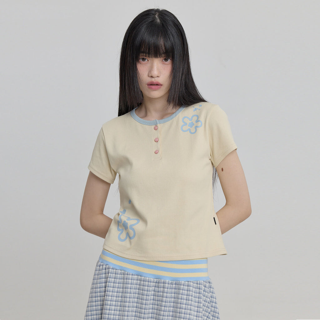 WAIKEI Flower henley neck short sleeve t-shirt lemon