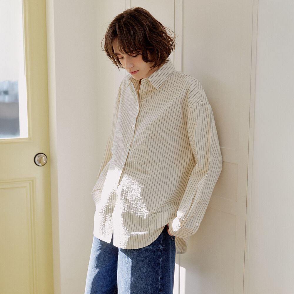 LEFTSEOUL Seersucker overfit striped shirt [green]