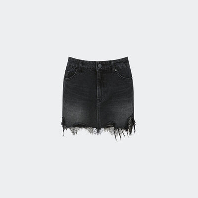 LACE PATCH DENIM SKIRT BLACK (R25DB8091BK)