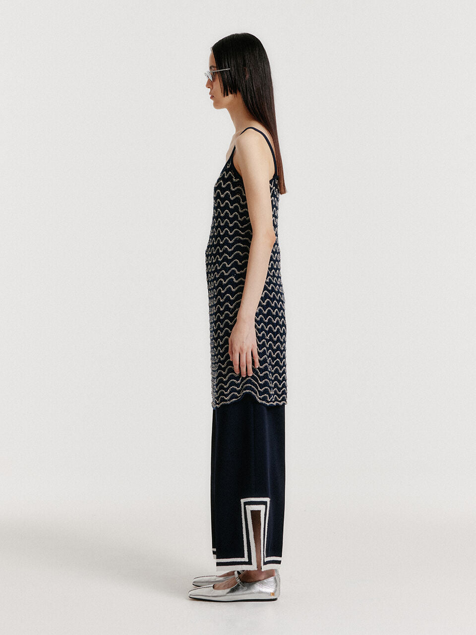 EENK YUTONI Lace Textured Knit Dress - Navy/Cream