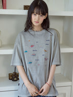 CPGN Dino Stitch embroidery pigment short sleeve t-shirt ghost gray