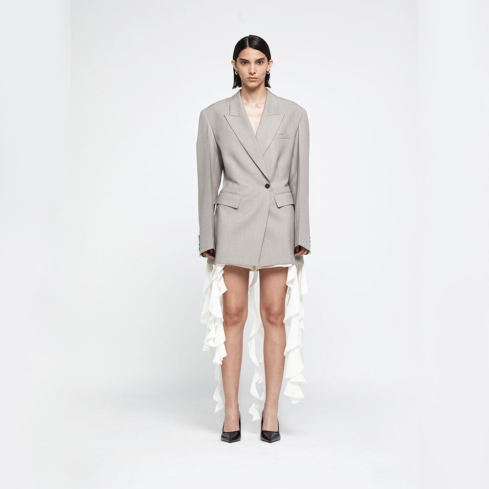 YCH DETACHABLE FLOW RUFFLE WOOL-BLENDED BLAZER BEIGE (R25JK2051BE)