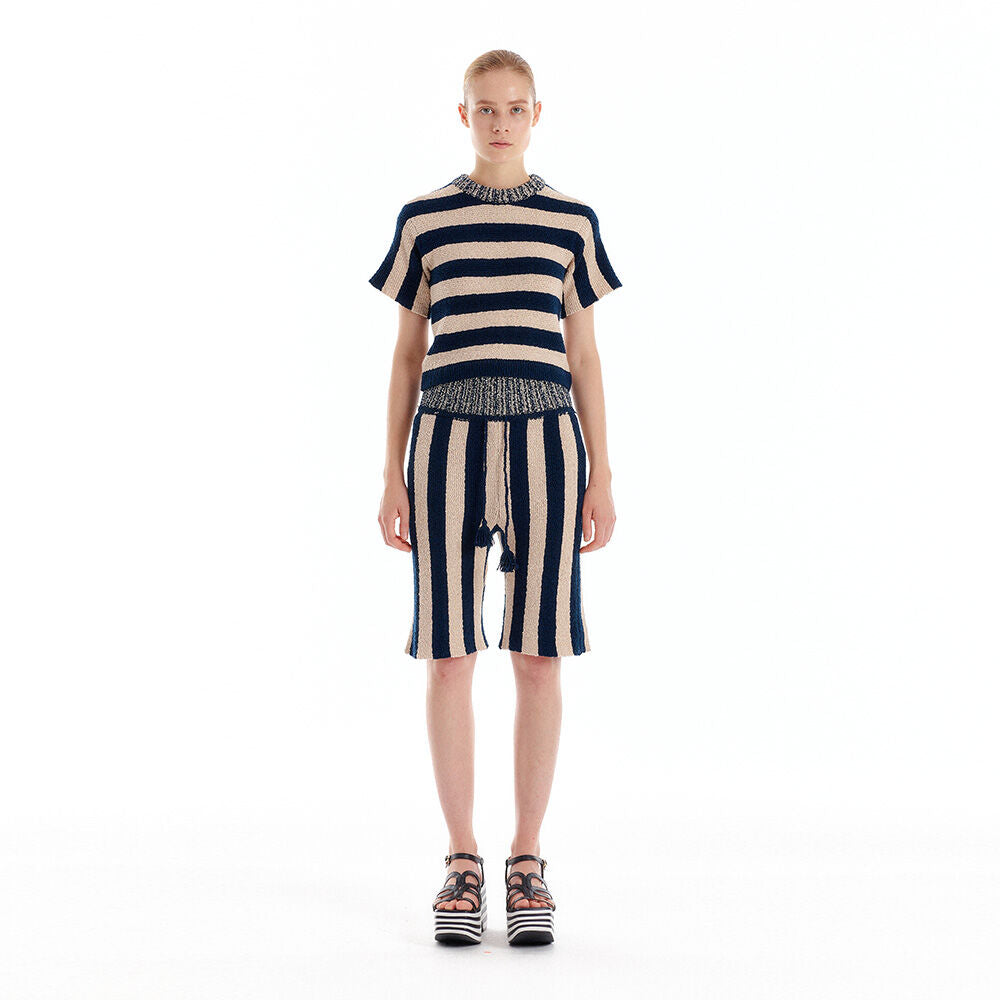 EENK ULLAD Stripe Knit Shorts - Navy/Beige Stripe