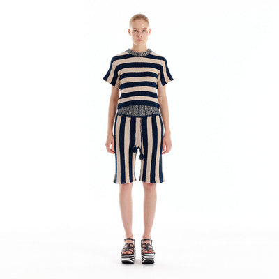 ULLAD Stripe Knit Shorts - Navy/Beige Stripe