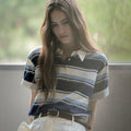 KNOWN BETTER Bold stripe roll-up label half collar T-shirt_Blue